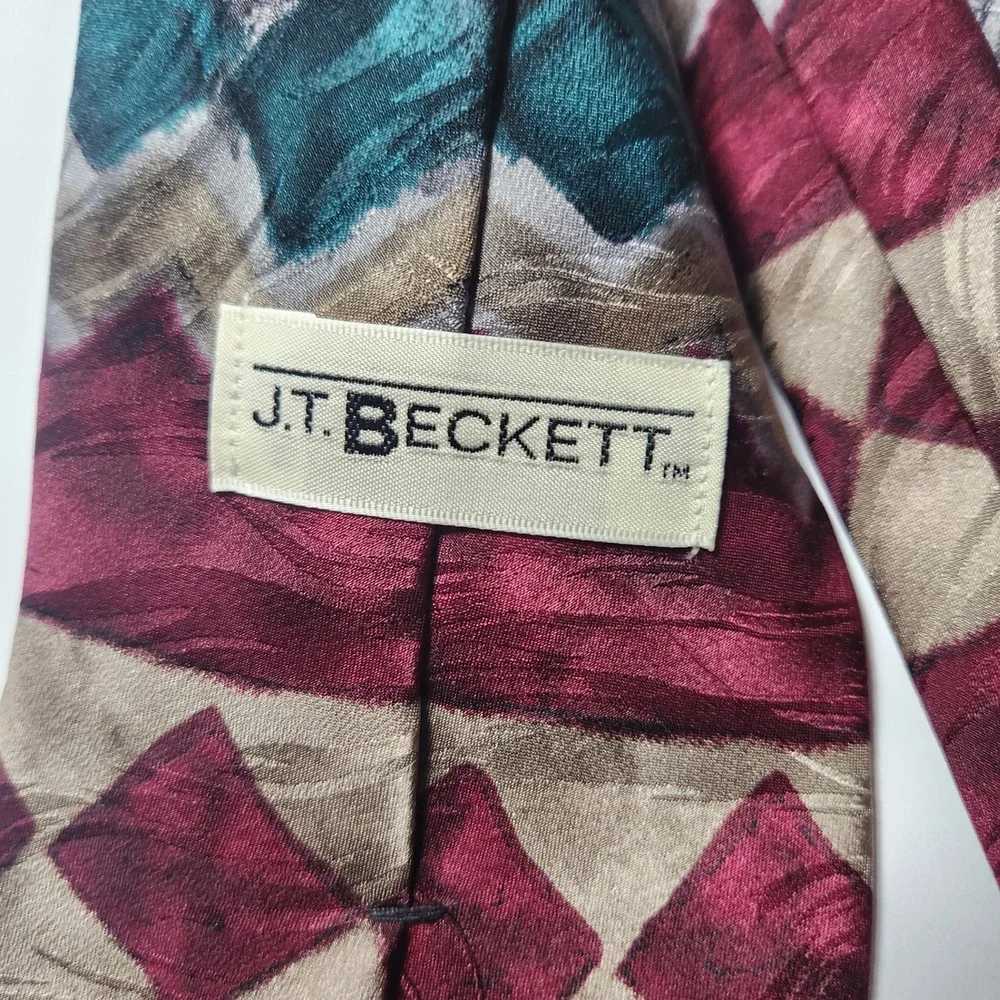 JT Beckett Mens Silk Tie Burgundy Teal Gold Geometric Southwest Abstract Vintage